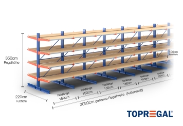Cantilever rack painted on both sides with dimensioning