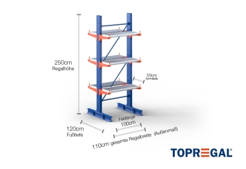 Cantilever rack painted on both sides with dimensioning