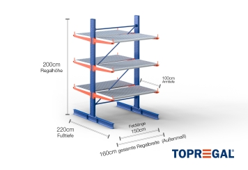 Cantilever rack painted on both sides with dimensioning