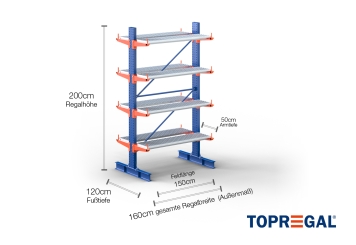 Cantilever rack painted on both sides with dimensioning