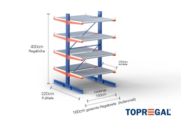 Cantilever rack painted on both sides with dimensioning