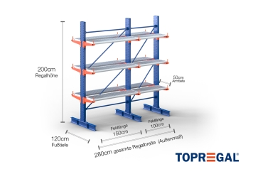 Cantilever rack painted on both sides with dimensioning