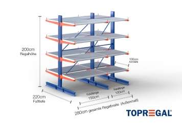 Cantilever rack painted on both sides with dimensioning