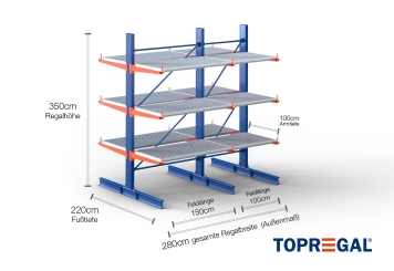Cantilever rack painted on both sides with dimensioning