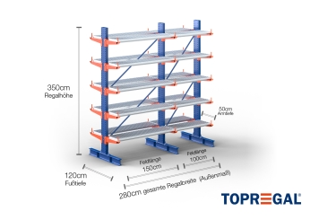 Cantilever rack painted on both sides with dimensioning