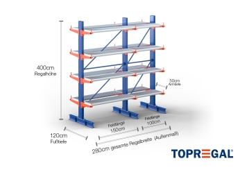 Cantilever rack painted on both sides with dimensioning