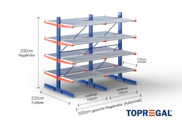Cantilever rack painted on both sides with dimensioning