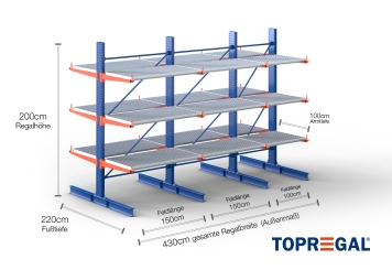 Cantilever rack painted on both sides with dimensioning