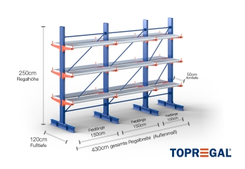 Cantilever rack painted on both sides with dimensioning