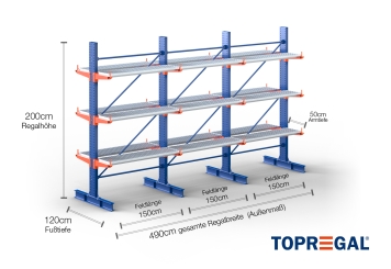 Cantilever rack painted on both sides with dimensioning