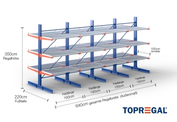 Cantilever rack painted on both sides with dimensioning