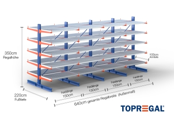 Cantilever rack painted on both sides with dimensioning