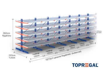 Cantilever rack painted on both sides with dimensioning