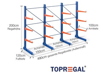 Cantilever rack painted on one side with dimensioning