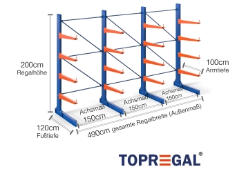 Cantilever rack painted on one side with dimensioning