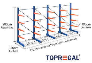Cantilever rack painted on one side with dimensioning