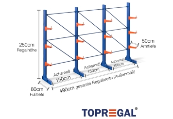 Cantilever rack painted on one side with dimensioning
