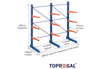 Cantilever rack painted on one side with dimensioning