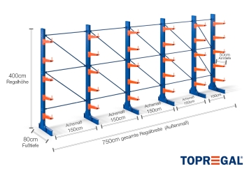 Cantilever rack painted on one side with dimensioning