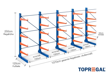 Cantilever rack painted on one side with dimensioning