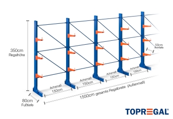 Cantilever rack painted on one side with dimensioning