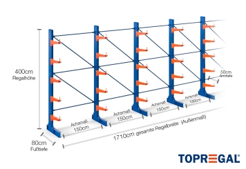 Cantilever rack painted on one side with dimensioning