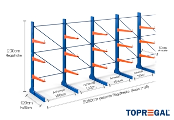 Cantilever rack painted on one side with dimensioning