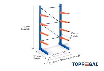 Cantilever rack painted on one side with dimensioning