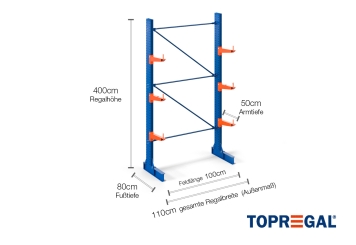 Cantilever rack painted on one side with dimensioning
