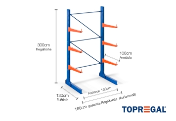 Cantilever rack painted on one side with dimensioning