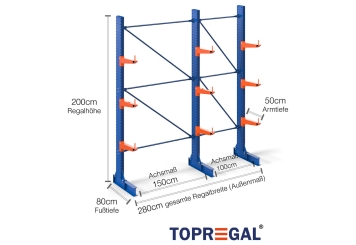 Cantilever rack painted on one side with dimensioning