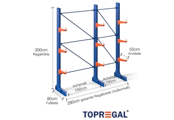 Cantilever rack painted on one side with dimensioning