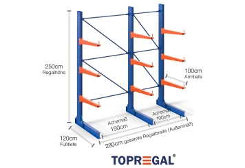 Cantilever rack painted on one side with dimensioning
