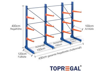 Cantilever rack painted on one side with dimensioning