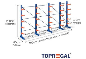 Cantilever rack painted on one side with dimensioning