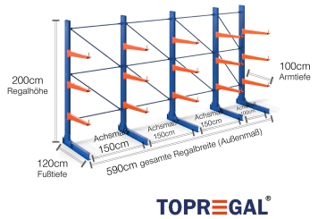 Cantilever rack painted on one side with dimensioning