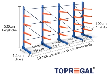 Cantilever rack painted on one side with dimensioning