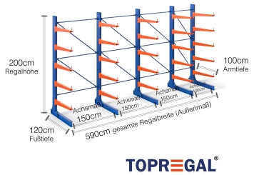 Cantilever rack painted on one side with dimensioning
