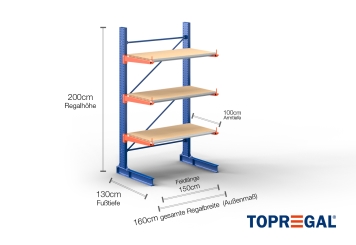 Cantilever rack painted on one side with dimensioning