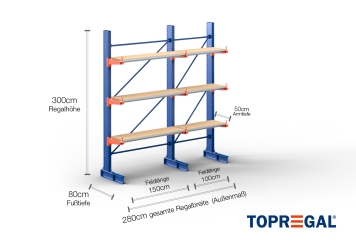 Cantilever rack painted on one side with dimensioning