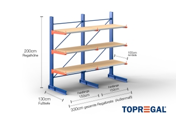 Cantilever rack painted on one side with dimensioning