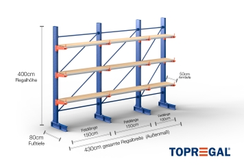 Cantilever rack painted on one side with dimensioning