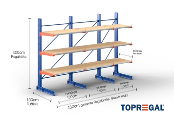 Cantilever rack painted on one side with dimensioning