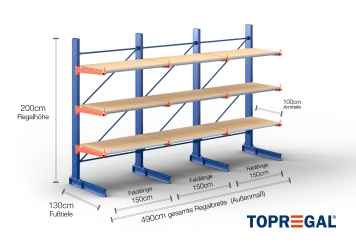 Cantilever rack painted on one side with dimensioning