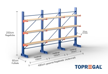 Cantilever rack painted on one side with dimensioning