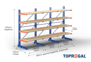 Cantilever rack painted on one side with dimensioning