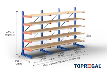 Cantilever rack painted on one side with dimensioning