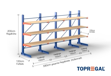Cantilever rack painted on one side with dimensioning