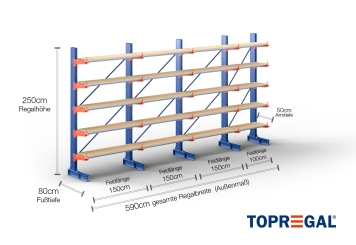 Cantilever rack painted on one side with dimensioning