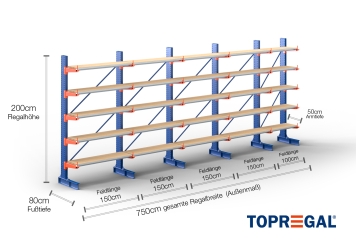Cantilever rack painted on one side with dimensioning
